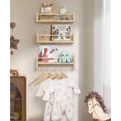 40cm Set of 3 Shelves Floating Book Shelf for Wall, Shelves for Bedroom Bookshelf Pink Room Decor, Solid Wood Small Organizer With Wooden Bead Design