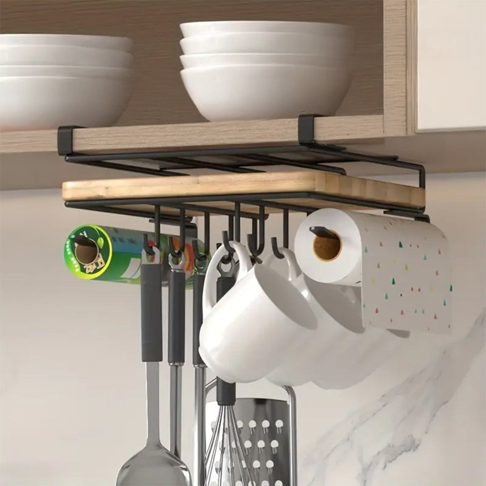 Under Cabinet Storage Rack with Hooks – No-Drill Carbon Steel Kitchen Hanging Shelf for Cutting Boards, Cups, Cloths & Kitchen Utensils, Black