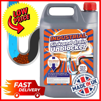 Industrial Sink & Drain Unblocker 5 Litre Super Strength – Fast-Acting Liquid Unblocks Sinks, Showers & Outdoor Drains in One Dose – Safe for All Pipes UK