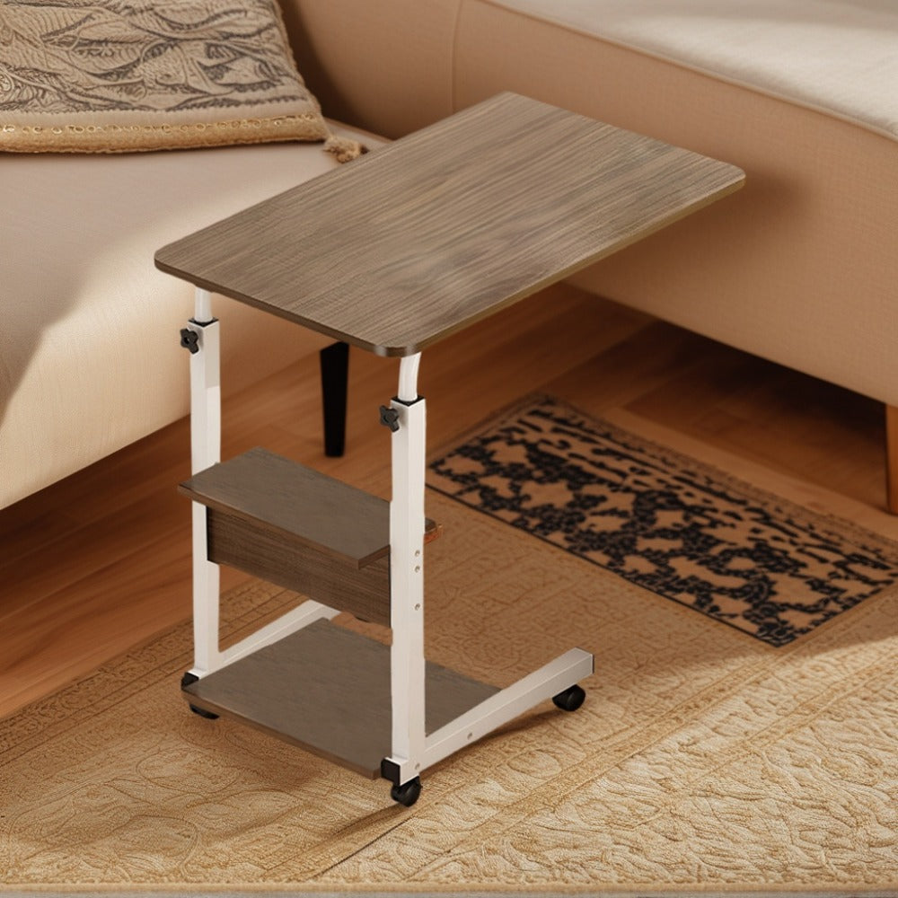 Rolling Mobile Laptop Desk with 2-Tier Storage Shelves – Height-Adjustable Overbed Side Table with Lockable Wheels for Home Office, Bed, Sofa & Study, Space-Saving WFH Workstation
