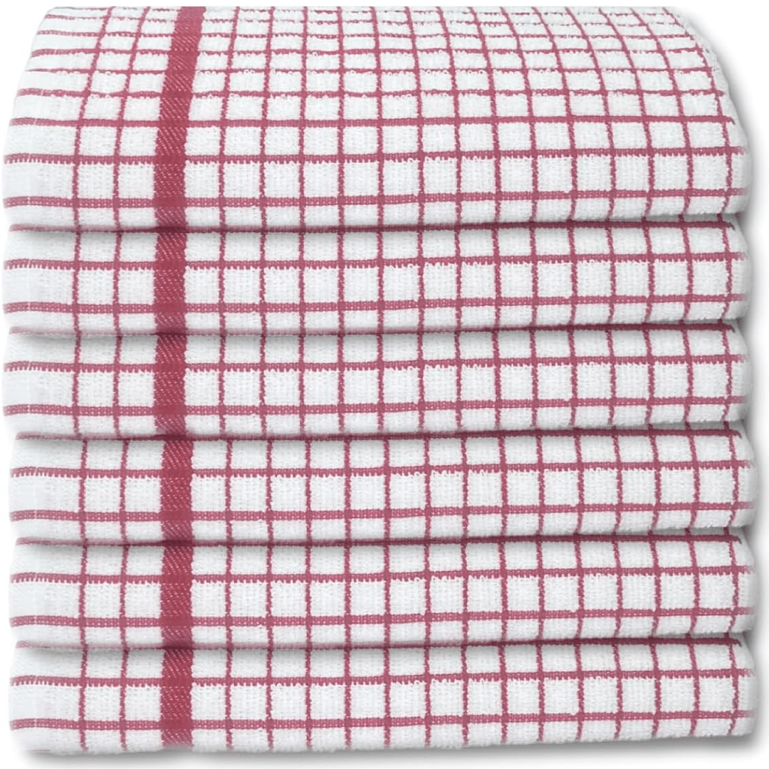 Pack of 6 Large Tea Towels 40x60cm – 100% Cotton Luxury Check Soft Kitchen Towels – Highly Absorbent Dish Cloths – Durable Washable Tea Towels for Drying Dishes, Cleaning, Cooking, Household, Restaurant, Bar, Café, Catering, Commercial & Professional Kitc
