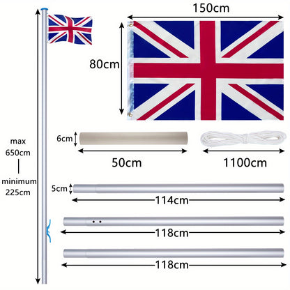 Flag Pole 6. 50 M British Flag For Garden With Cable Pull And Ground Sleeve, Weather Resistant Flag Pole, Height Adjustable For Outdoor Use