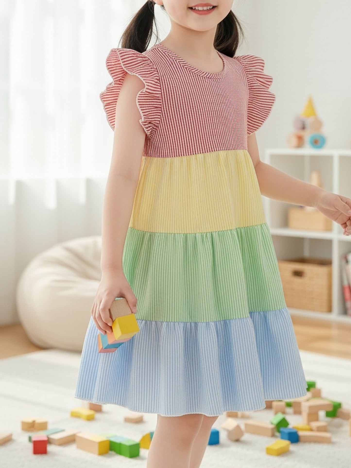 New Summer Style Girls' Colorblock Striped Dress, Cute Flutter Sleeve Dress, Summer Casual Dress, Summer Children's Clothing, Casual Daily Wear, Sweet and Adorable Girls' Dress, Girls' Clothes, Easter