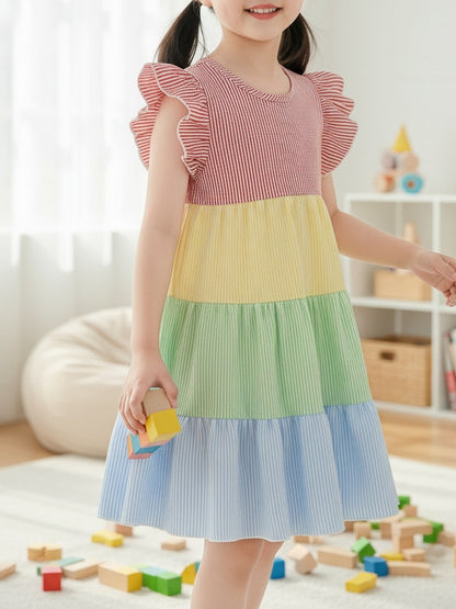 New Summer Style Girls' Colorblock Striped Dress, Cute Flutter Sleeve Dress, Summer Casual Dress, Summer Children's Clothing, Casual Daily Wear, Sweet and Adorable Girls' Dress, Girls' Clothes, Easter