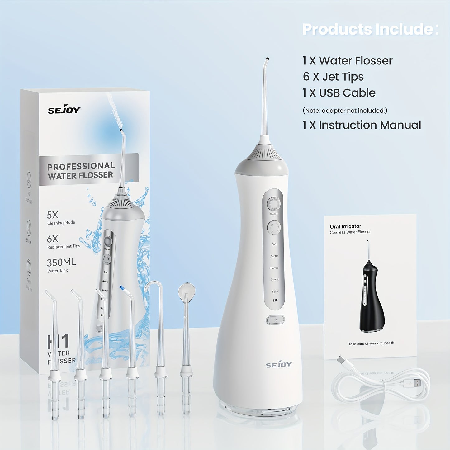 Water Flosser for Teeth Cleaning And Flossing, 5 Modes Rechargeable Cordless Oral Irrigator 350Ml Water Tank Teeth Cleaner, Portable Electric Dental Flossers for Home And Travel, Black/White