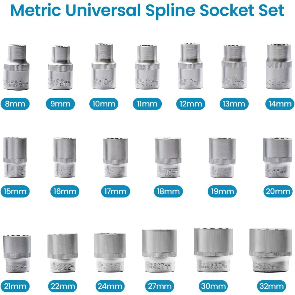 19-Piece Spline Socket Set, 1/2Drive Metric 8-32mm 12-Point Cr-V Socket Kit, High-Hardness Universal Spline Wrench Set for Automotive, Mechanical Repair