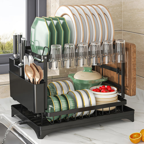 2 Tier Black Dish Drainer Rack, Stainless Steel Drying Rack Kitchen, Drainers Draining Board with Drip Tray, Rust Proof Large Washing Up Sink