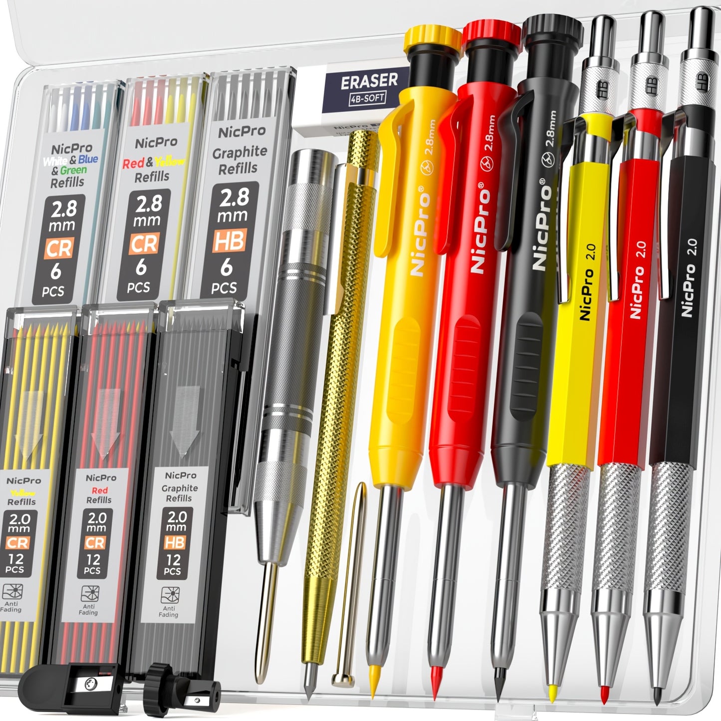 15/18/27Pack Carpenter Pencil Set with Sharpener, Mechanical Carpenter Pencils with Refill, Automatic Center Punch And Carbide Scribe Tool, Heavy Duty Construction Pencil for Architect-With Case