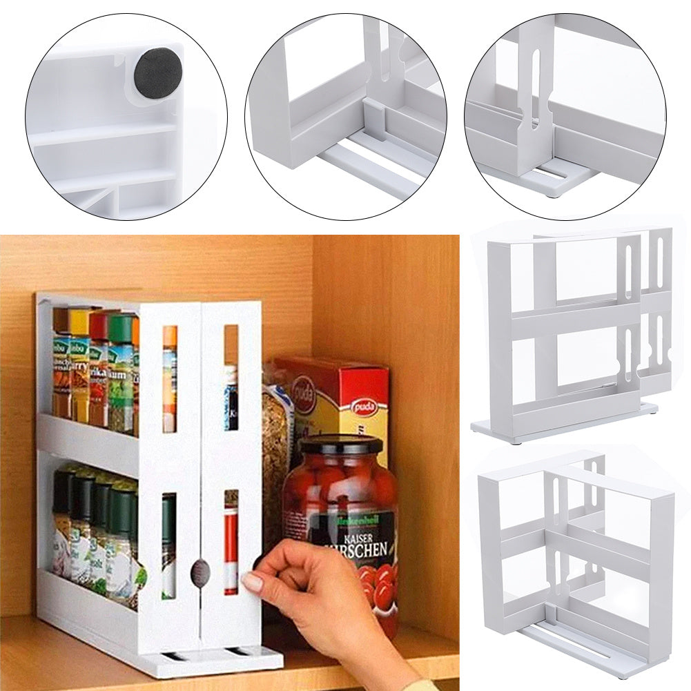 1 piece, double-layer rotating kitchen spice rack, plastic shelf, multi-purpose organizer for kitchen, pull-out cabinet and countertop storage for spice bottles and cans, space saving storage rack, white, size: 28 cm W x 10.2 cm D x 27.5 cm H