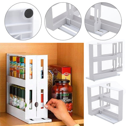 1 piece, double-layer rotating kitchen spice rack, plastic shelf, multi-purpose organizer for kitchen, pull-out cabinet and countertop storage for spice bottles and cans, space saving storage rack, white, size: 28 cm W x 10.2 cm D x 27.5 cm H