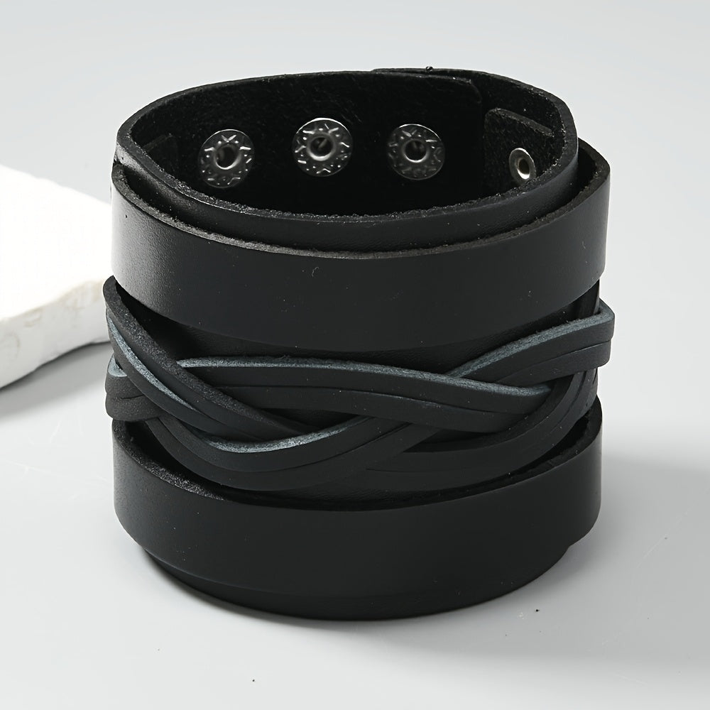 Simple and Adjustable Men's Wide Leather Bracelet, Trendy Punk Rock Bracelet