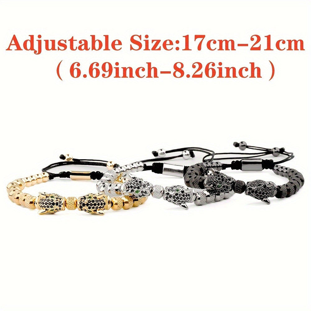 Luxury Leopard Head Men's Bracelet 304 Stainless Steel Bead Bracelet Banlge Adjustable Size Men's Jewelry Gift, Best for Christmas