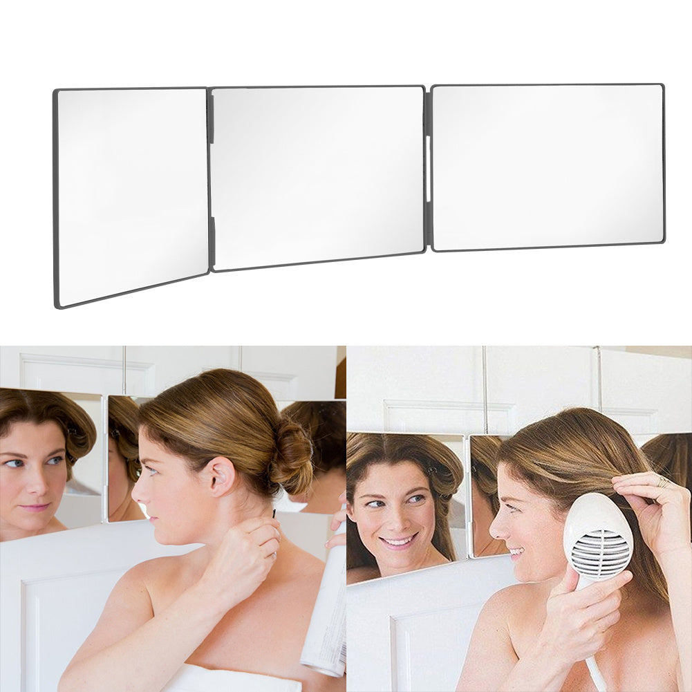 Multi-Functional Tri-Fold Makeup Mirror, Foldable Barbering Tri-Angle Mirror - Height-Adjustable, Hook-Mounted, Foldable, Wall-Mounted, Suitable for Self-Haircutting, Shaving, Grooming, Facial Treatments and Makeup Application