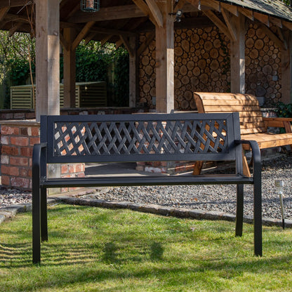 Garden Bench 2 Seater Metal with Lattice Backrest – Keswick Outdoor Patio Bench, Black Powder Coated Weather Resistant Frame, 119cm, Seats 2, Max 220kg