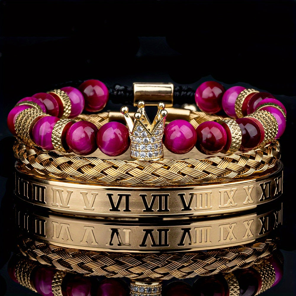 Men's Adjustable Bracelet - Casual Style, Stainless Steel with Gun Black Plating & Synthetic Zirconia - All Season Wear | Roman Crown Charm Design | Ideal for Daily Wear & Gifting