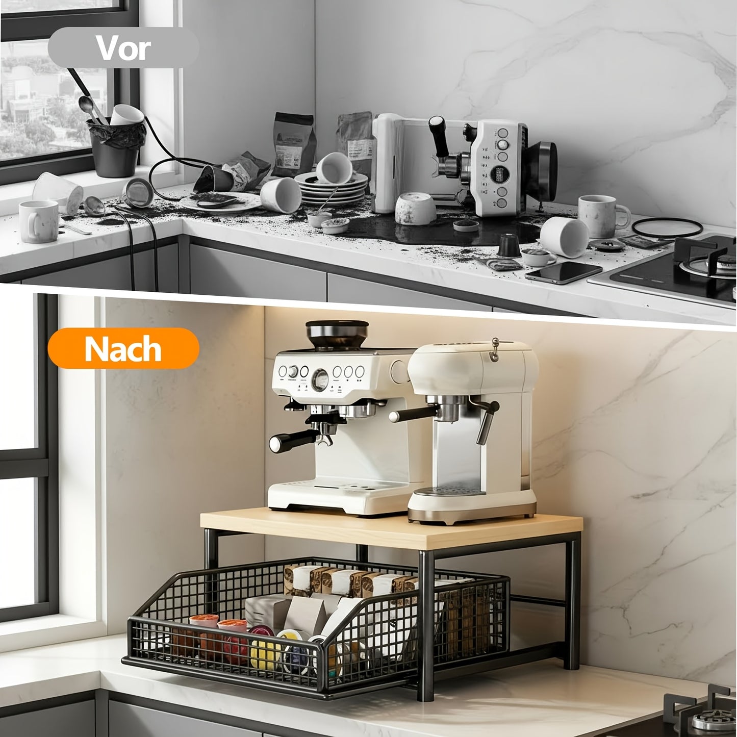 Space-Saving Kitchen Countertop Organizer with Drawers And Metal Baskets - Sturdy Hardwood And Metal Two-Tier Storage Rack, Suitable for Coffee Machines, Tableware, Spices - Modern Black/White Design, No Power Required, Durable Home