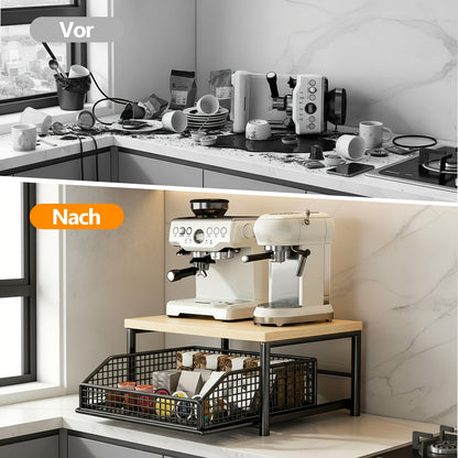 Space-Saving Kitchen Countertop Organizer with Drawers And Metal Baskets - Sturdy Hardwood And Metal Two-Tier Storage Rack, Suitable for Coffee Machines, Tableware, Spices - Modern Black/White Design, No Power Required, Durable Home