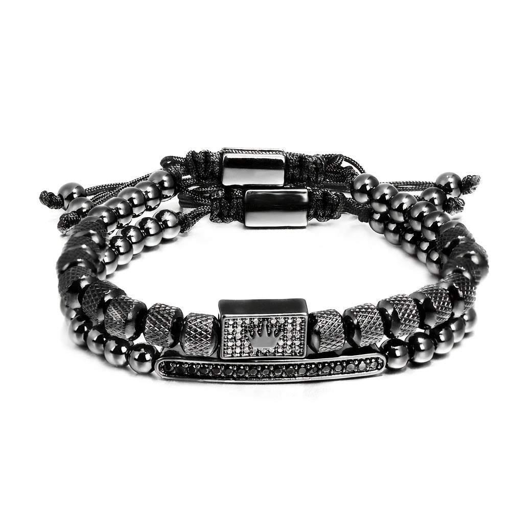 2pcs/Set Charming Bracelet Men'S 6Mm Mesh Bead Bracelet Bead Matching Square Micro-Pave Crown Men'S Bracelet Set
