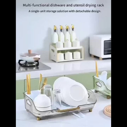 1pc Dish Drying Rack with Handle & Drainboard - Space-Saving Compact Design with Utensil Holder, Durable Plastic Construction, Easy to Clean & Move - Over Sink or Countertop Use for Small Kitchens, Apartments, RVs - Modern White & Golden Kitchen Organizer