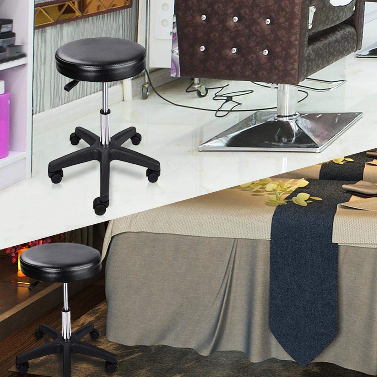 Black Adjustable Rolling Cushion Tattoo Massage Hydraulic Salon Stool with Wheels