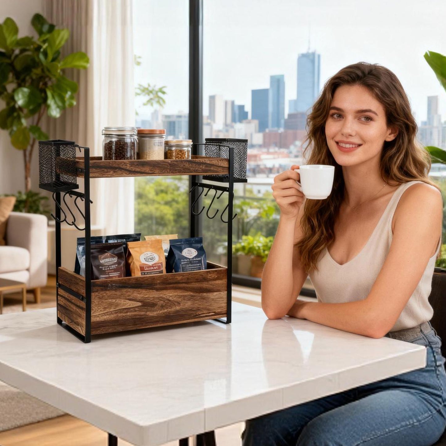 3-Tier Countertop Organizer Station with 12 Mug Hooks – Multi-Functional Coffee Bar Kitchen Storage Shelf, Space-Saving Home & Office Display Rack