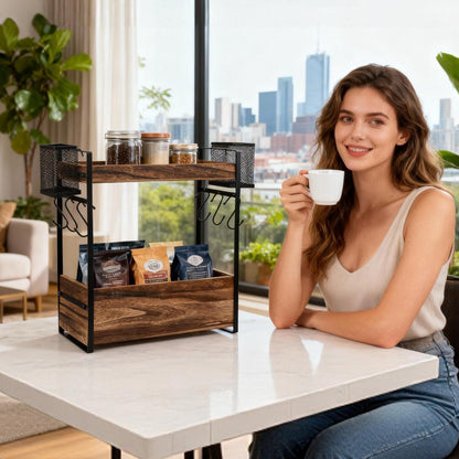 3-Tier Countertop Organizer Station with 12 Mug Hooks – Multi-Functional Coffee Bar Kitchen Storage Shelf, Space-Saving Home & Office Display Rack
