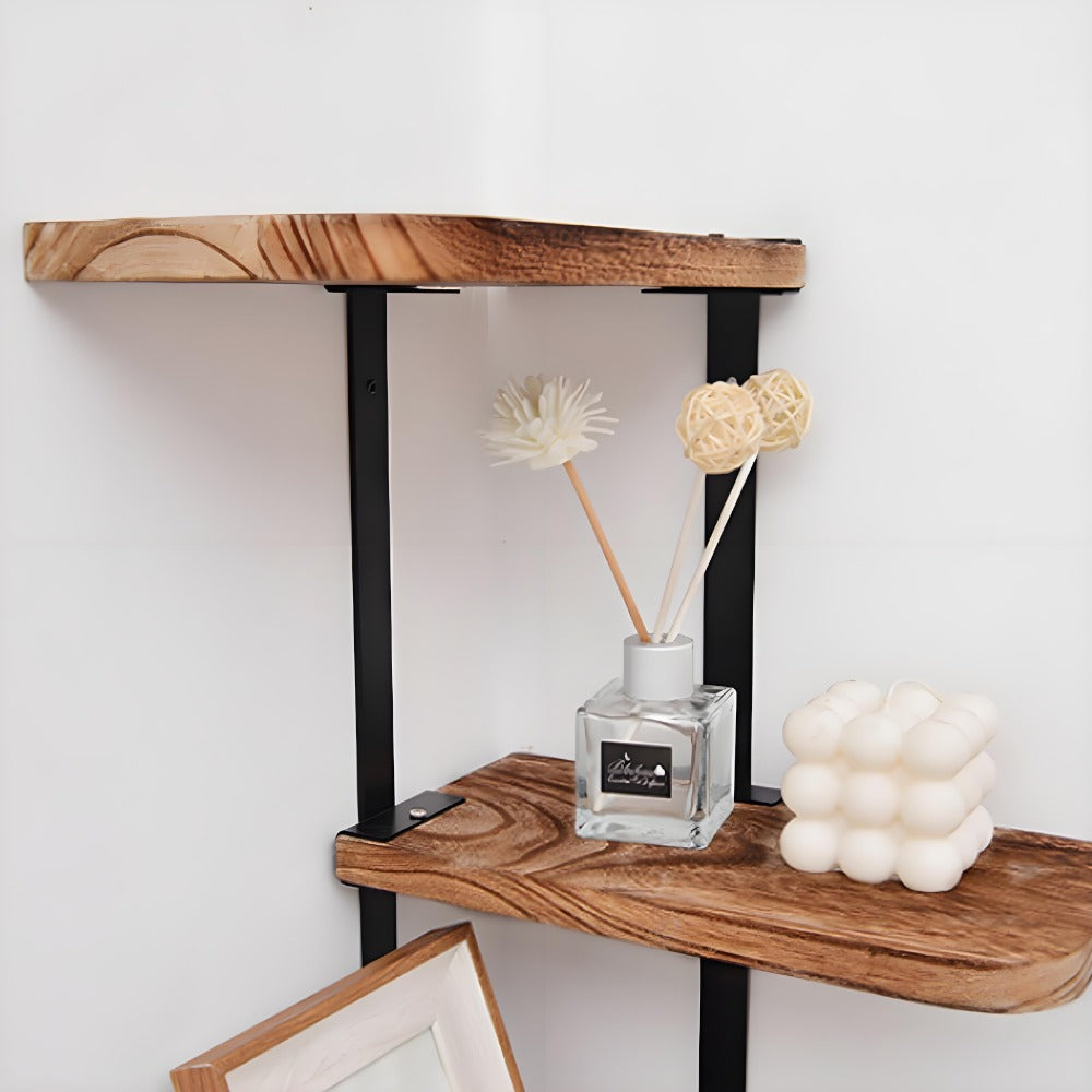 Rustic 3-Tier Corner Shelf Wall Mounted Wooden Floating Storage Rack for Bedroom Living Room Bathroom Kitchen Office Antique Display with Durable Metal Brackets