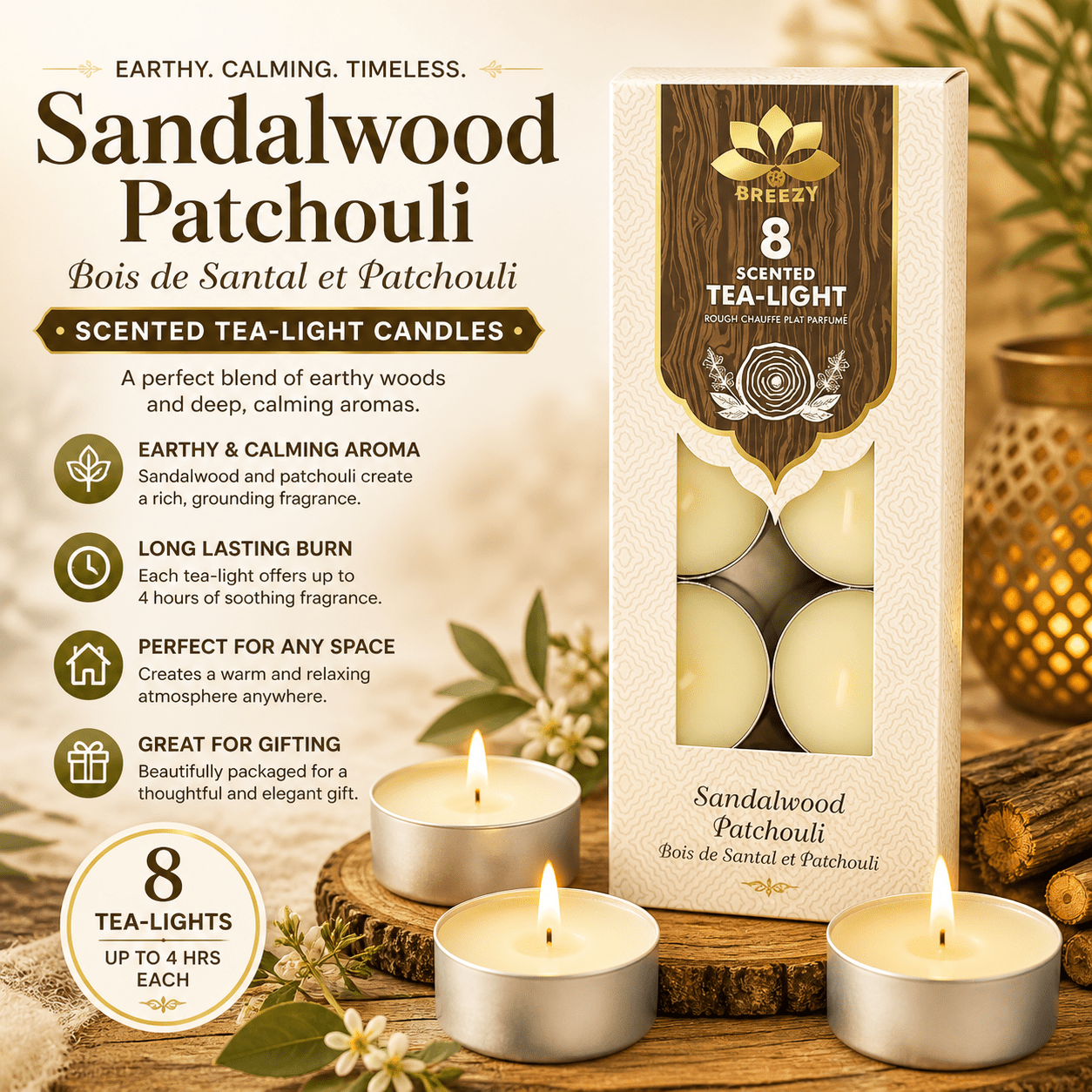 Scented Tea Lights - 8 Pack Strong Fragrance Tea Light Candles, Long Lasting Candle Tealights for Home Decor, Wax Burners & Relaxation