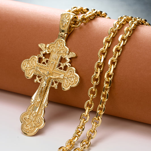 Vintage Style Embossed Cross Pendant Necklace, 18K Gold Plated-Plated, Suitable for Both Men And Women, Perfect for Casual And Decorative Outfits