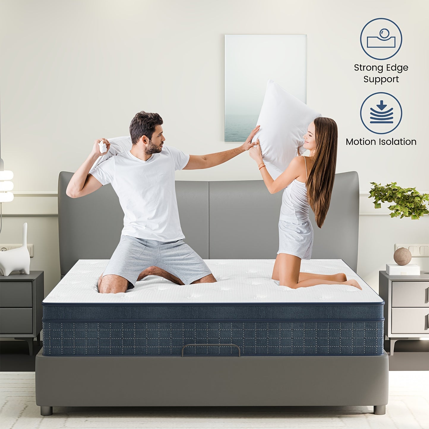 26cm/10.2in) Premium Hybrid Mattress: Individual Pocket Springs & 7-Zone Gel Foam, Medium Firm, Motion Isolation, Blue & White Design