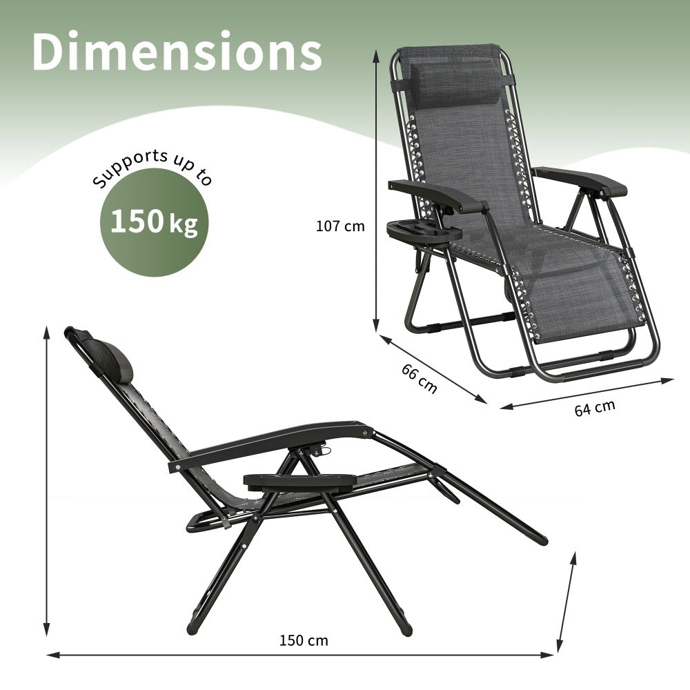 Zero Gravity Chair Foldable Reclining Outdoor Patio Lounge Chair with Padded Pillow Armrest Footrest Cup Holder Textilene Fabric Camping Garden Sunlounger Set of 1 or 2