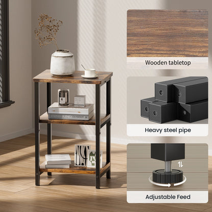 Bookshelf, Sofa Side Table Living Room, Industrial End Table With 3-Tier Storage Shelves, Bedside Tables With Height Adjustable, Steel Frame, Nightstand 37 x 30 x 59.4/62.4/65.4 cm, 4 Colors