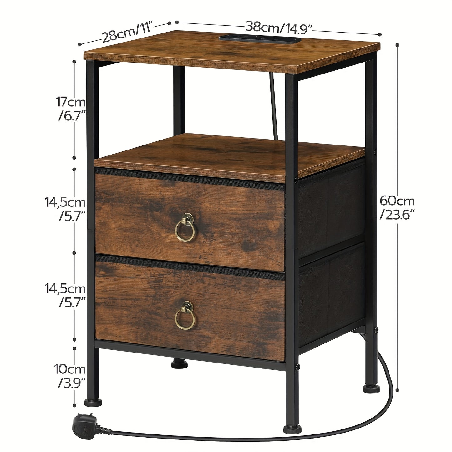 Bedside Table with Charging Station, Side Table with 2 USB Ports And Outlet, End Tables with 2 Fabric Drawers, Nightstand for Small Spaces, Rustic Brown And Black