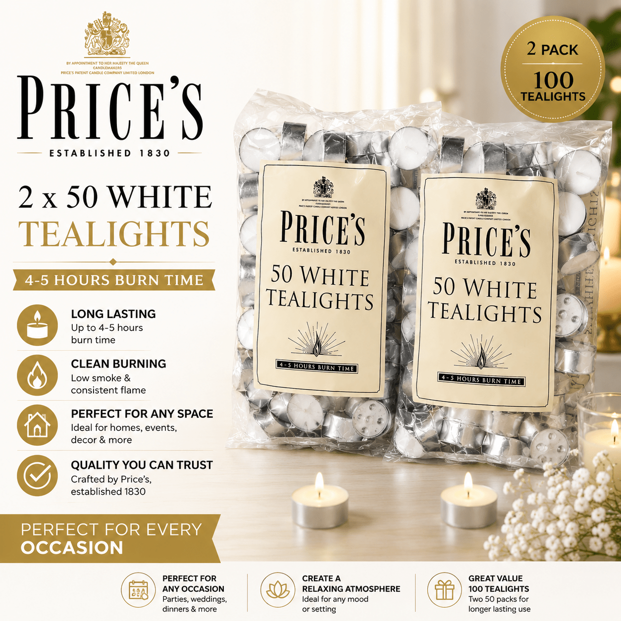 Price's Candles White Tealights Pack of 100 – Unscented Tea Light Candles with Up to 4.5 Hour Burn Time