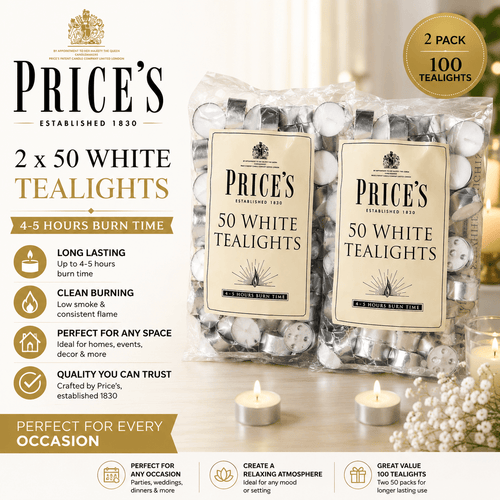 Price's Candles White Tealights Pack of 100 – Unscented Tea Light Candles with Up to 4.5 Hour Burn Time