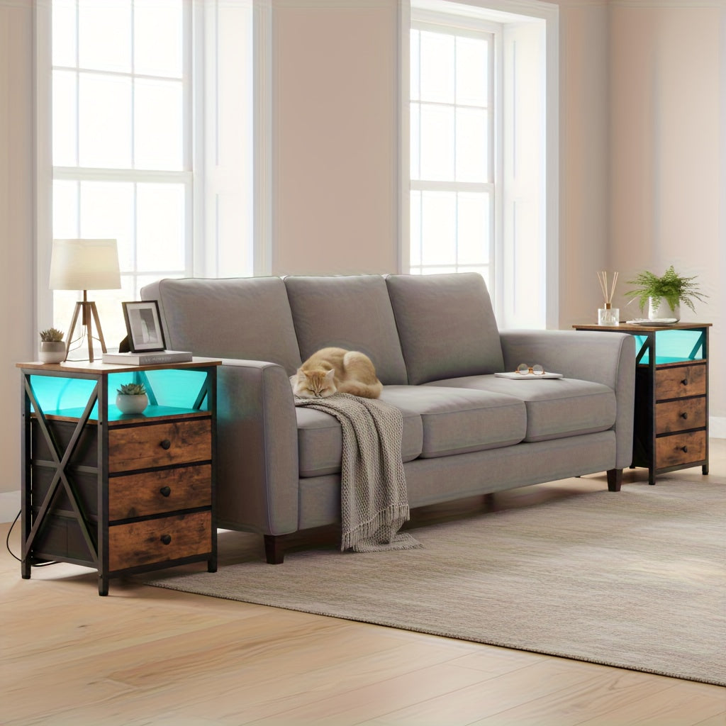 AMHANCIBLE 1/2pcs Nightstand, Side Table With LED Light And Charging Station, Nightstand With USB Port And Socket, Nightstand With 3 Fabric Drawers For Bedroom, Living Room, Sofa Side Table, Nightstand