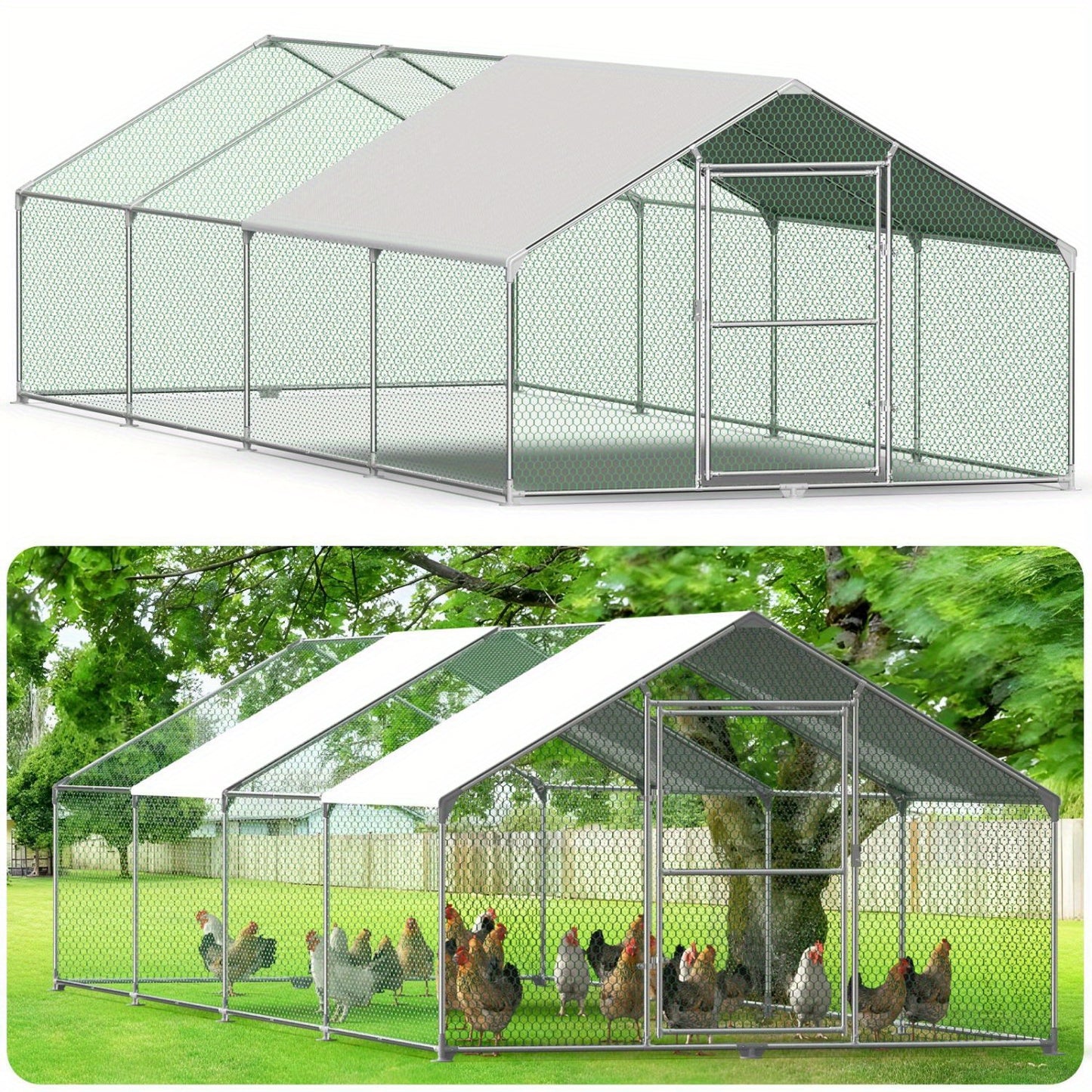 Chicken coop animal enclosure free-range enclosure animal run with PE shade roof, galvanized steel frame, external fence Used for chickens, poultry houses, small animals