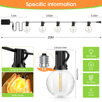 Outdoor Festoon Lights Mains Powered - 100ft LED Garden String Light 30M/20M Dimmable Timer G40 LED Fairy Lights Bulbs Hanging Patio Lighting with Remote Contro, IP65 waterproof, for Balcony Garden Gazebo Patio Awning Wedding Party