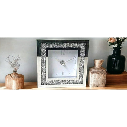SERENA'S® Elegant Square Crushed Diamond Mantle Clock with Numerals – Mirrored Glass Design for Stylish Desk or Table Décor – Perfect for Home or Office – 14 cm x 14 cm