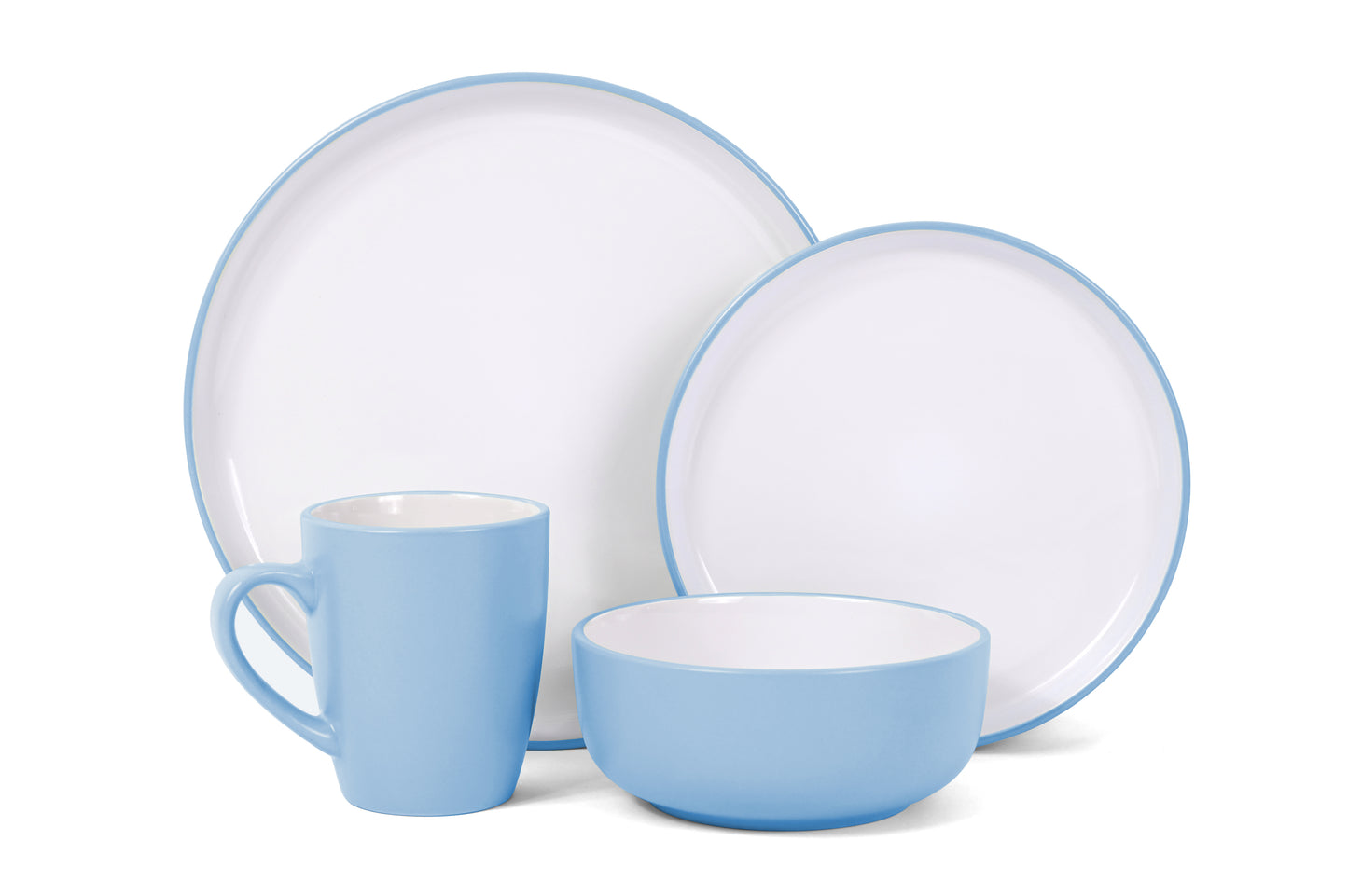 *** NEW *** Waterside 16pcs Pastel 2tone Blue Stoneware Dinner Set; 4 Dinner Plates, side Plates, Deep Bowls and Mugs