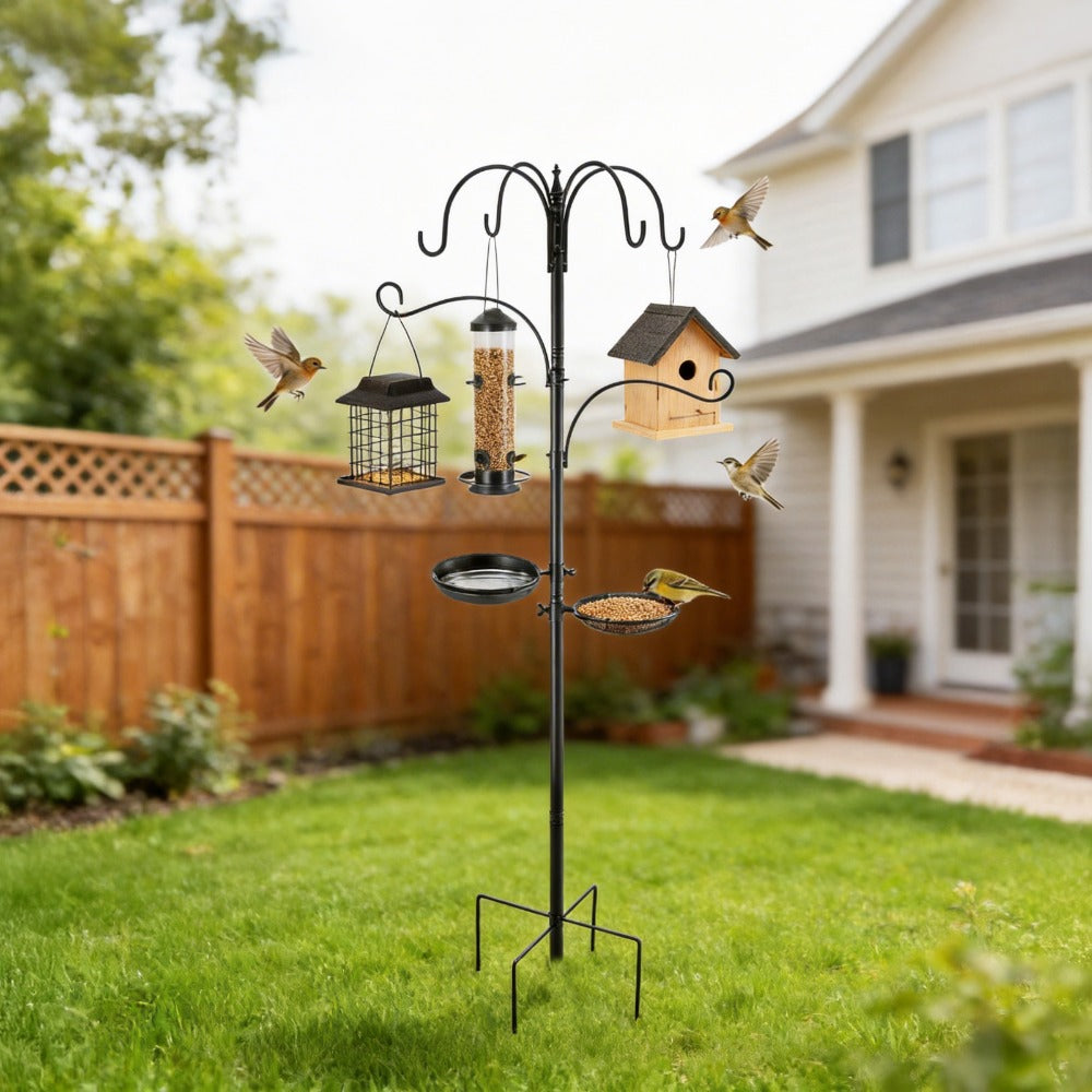 Bird Feeding Station 226cm 6-Hook All-in-One Kit – Heavy Duty Metal Pole with 5-Prong Base, Mesh Tray & 2 Dishes | Free Standing Wild Bird Feeder Stand with Shepherd Hooks for Garden & Patio