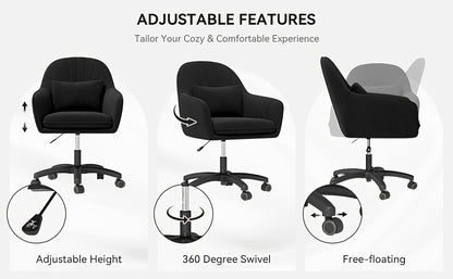 Home Office Chair, Swivel Desk Chair Height Adjustable, Velvet Chair with Pillow Vanity Chair, 360° Rotatable, Makeup Chair, for Study Room Bedroom, Up to 150kg