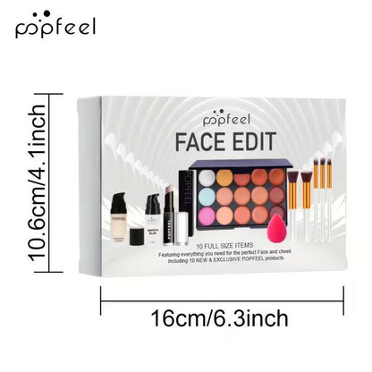POPFEEL Full Face Makeup Kit, includes facial editing palette - waterproof, sweatproof, long-lasting full coverage, 12-in-1 multi-functional palette containing primer, foundation, concealer, setting powder, blush, contour, highlighter, bronzer, eyeshadow,