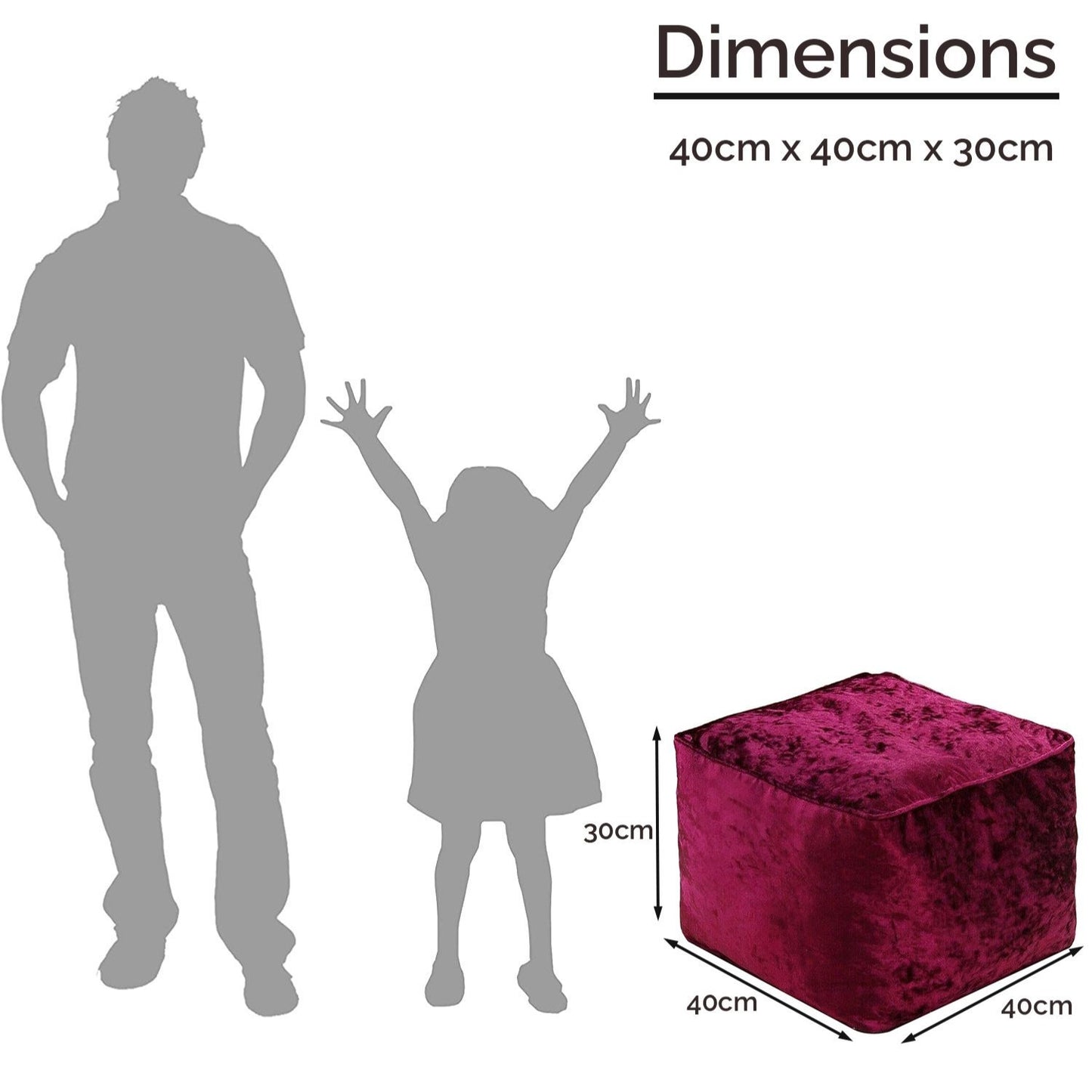 Fully Filled Velvet Bean Bag Footstool – Cube Pouffe Seat, 40×40×30cm, Soft Crush Velvet, Square Shape, Ideal as Foot Rest or Extra Seating