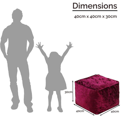 Fully Filled Velvet Bean Bag Footstool – Cube Pouffe Seat, 40×40×30cm, Soft Crush Velvet, Square Shape, Ideal as Foot Rest or Extra Seating
