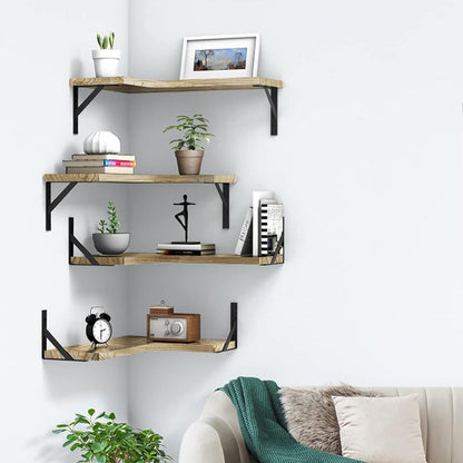 4 Tier Wooden Floating Shelves Wall Mounted Storage Rack L Shape Corner Shelf Versatile Home Kitchen Bathroom Bedroom for Books, Crafts, Festival Ornament, Toiletries Display Holder Decorative Stand