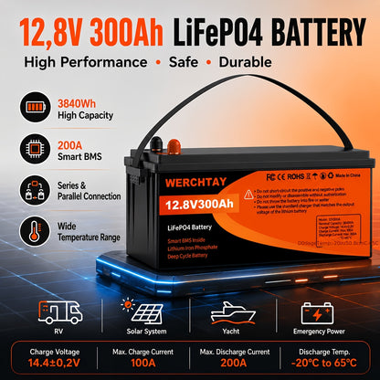 WERCHTAY 12.8V Lifepo4 Battery 300/200/100Ah, Equipped with A+ Grade Battery Cells, 25000+ Deep Cycles, Intelligent BMS Overcharge/Overdischarge Protection, for Home Energy Storage, Outdoor Rvs, Off-Grid Solar Applications