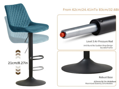 Height Adjustable Bar Stools Set Of 1 Or 2 Velvet Exterior Breakfast Barstools with Black Paint Steel Gas Lift And Footrest for Home Kitchen, Pub, Island Counter