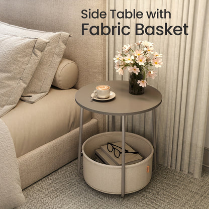 Modern Round End Table with Storage Fabric Basket - Beige/Cream White/Laurel Green/Jelly Pink Bedside Table, Metal Frame & Round Top, Space-Saving Accent Table for Living Room,, Dorm - Easy Assembly, Non-Wood Furniture