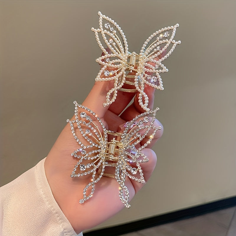 [Elegant Hair Clip] Elegant Hair Clip with a Butterfly Grip, Adorned with Pearls And Rhinestones, Perfect for a Sophisticated Look